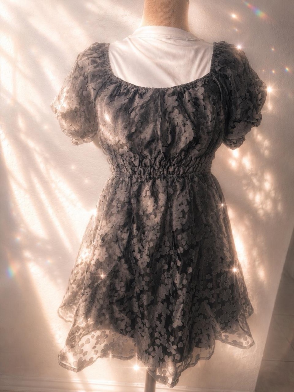 Altar’d State Black Fairy Floral Puff Sleeve Babydoll Mini Dress S